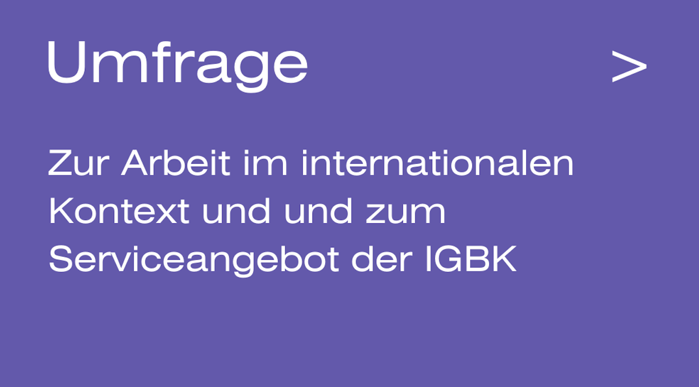 auf Lila Hintergrund, Schriftzug: Umfrage, Arbeit im internationalen Kontext und zum Serviceangebot der IGBK
